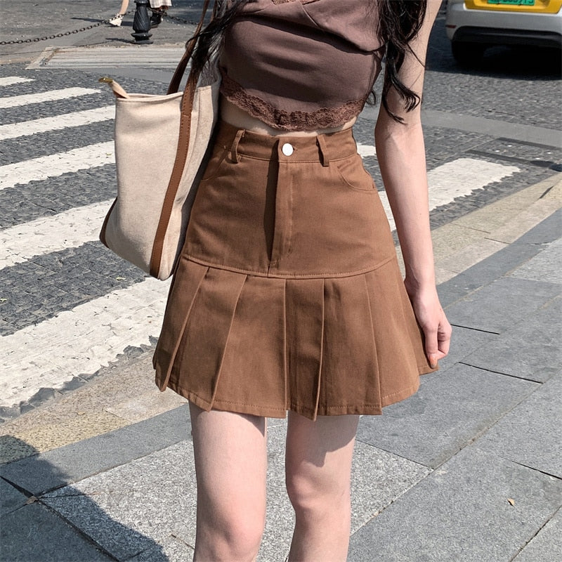 Chicmy Y2k Brown Denim Pleated Skirts Mini Solid Casual Woman Fashion Korean Style High Waist Skirt Preppy Denim Skirts Female 2023