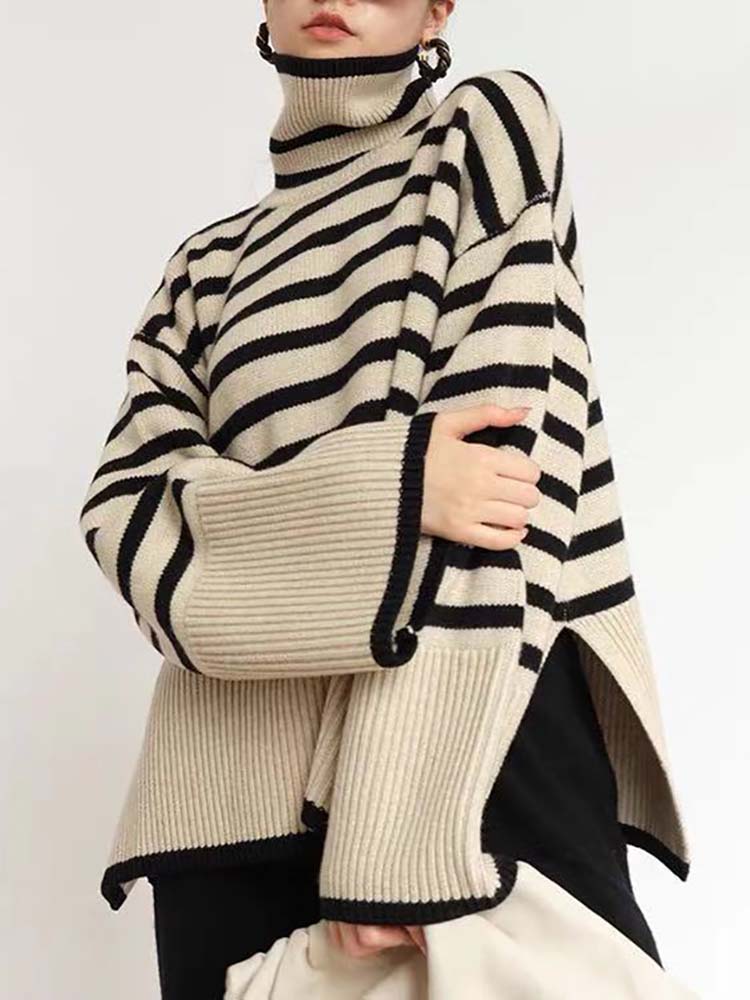 Chicmy Autumn Women's Turtleneck Stripes Black White Knit Thick Sweaters Oversize Korean Fashion Loose Casual Pullover Sweater Woman