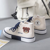 Chicmy Women's High Platform Bear White Kawaii Canvas Sports Shoes Flat Sneakers Anime Spring Vulcanize Trainers Korean Rubber