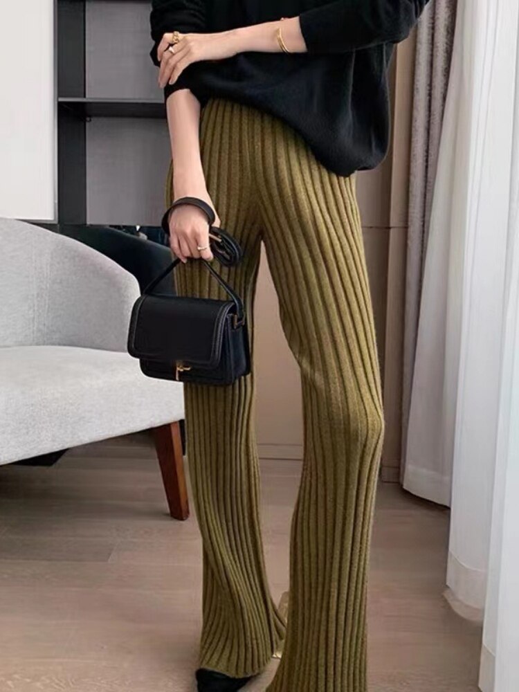 Chicmy Autumn Winter Women's Wide Leg Pants Korean Fashion Knitted Straight Pant Full Length Elastic Waist Solid Strecth Trousers Women