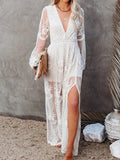 Chicmy Summer Lace Long Dress Women Bohemian Embroidered Maxi Dress Female V Neck Hollow Out Long White Casual Holiday Dress