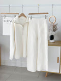 Chicmy Elegant Women's Sets Autumn Winter 2023 Casual Knitted Pullover Loose White Womens Two Peice Sets Zip Sweater And Wide Leg Pant