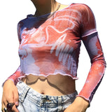 Chicmy Graphic Print Colorful Mesh Sheer T-Shirt Long Flare Sleeve Slim Crop Tops Sexy See Through Women Tops Y2K Vintage Grunge Tees