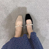 Chicmy Square Toe Pearl One Word with Mary Jane Shoes Women's New Suede Shallow Mouth Comfortable Flat Shoes