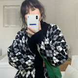 Chicmy Knitted Cardigan Woman Sweaters Coat Long Sleeve Cotton Knit Vest Pullover Blue Pink V-Neck Rhombus Plaid Oversize Sweater Woman