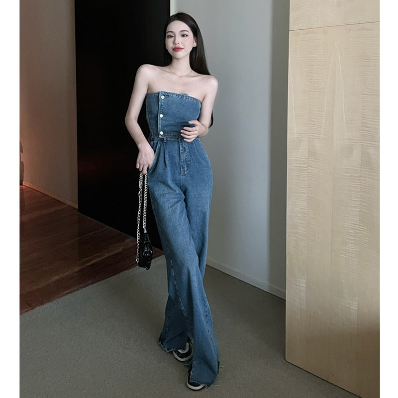 Chicmy Sleeveless Overalls Korean Fashion New Tube Top High Waist Wide Leg Pants Split Denim Jumpsuit Elastic Backless Romper Female