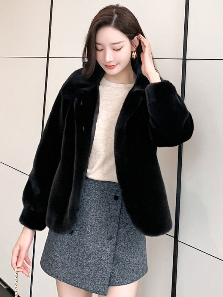 Chicmy Women's Fur Coat Short Turn-Down Collar Faux Fur Overcoat Female Casual Thick Warm Fur Cotton-Padded Winter Jacket Women 2023