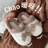 Chicmy White Brown Korean Kawaii Women Shoes Bowknot Cotton House Slippers New Winter Home Flat Fluffy Platform Designer Bedroom