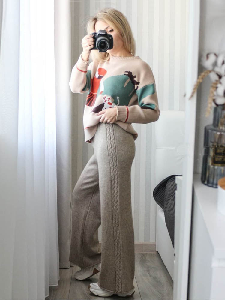 Chicmy Knitted Two Piece Set Women Sweaters And Wide Leg Pants Fashion Women's Trousers Suit O-Neck Print Pullover Set Woman 2 Pieces