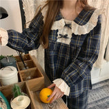 ChicMy-Fall Outfits  Pijama Plaid Korean Pajamas Women Autumn Sleepwear Female Set Lace Chic Loungewear Sweet Long Sleeve Pyjamas Suit Negligee