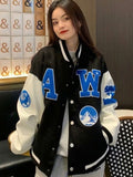 Chicmy Women's Casual Letter Embroidered Jacket Spring 2023 Streetwear Patchwork Bomber Jacket Korean Fashion Loose Baseball Uniform