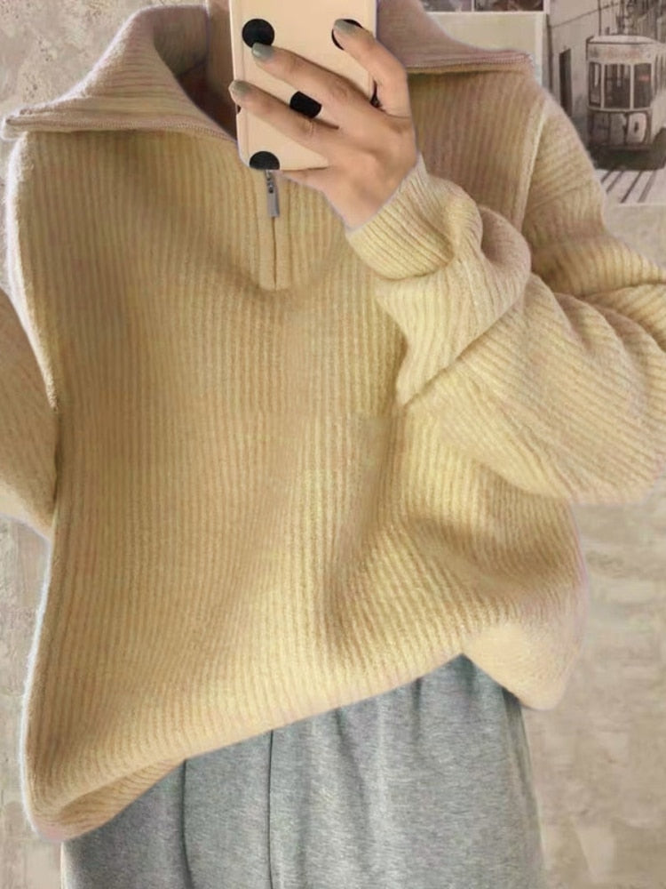 Chicmy Women Sweater Oversize Zipper Knitted Pullover Long Sleeve Solid Color Loose Ladies Sweaters Autumn Winter Women's Turtleneck