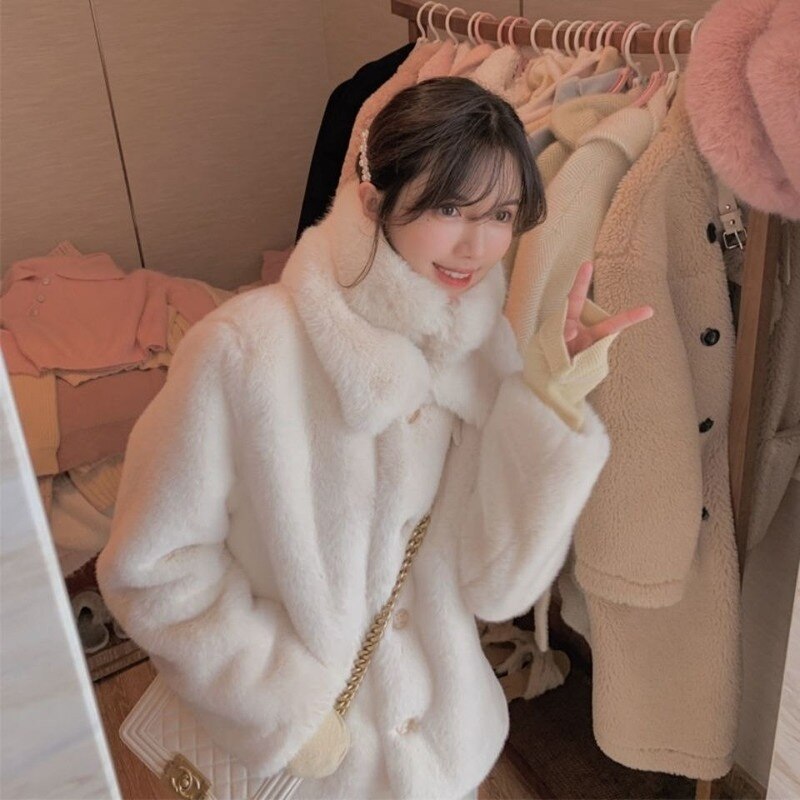 Chicmy Women's Winter Jacket Faux Fur Coat Ladies Thick Warm Korean Fashion Casual Loose White Solid Rabbit Fur Jackets For Women 2023