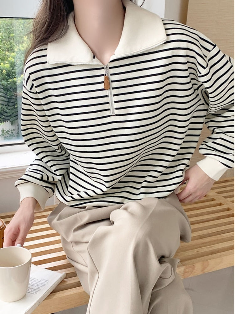 Chicmy New Women's Sweater Korean Fashion Black White Striped Pullovers Zippers Polor Collar Loose Sweaters For Women Fashion 2023