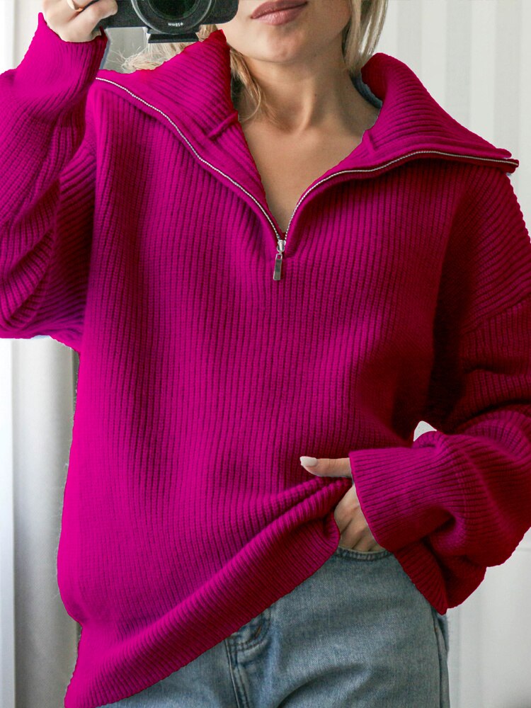 Chicmy Women's Turtleneck Long Sleeve Top Oversize Sweater Women Winter Zipper Knitted Pulovers Loose Solid Black Sweaters For Women