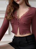 Chicmy Cardigan Women Brick Red Open Stitch Sweater 2023 New Cropped Cardigan Cropped Top V-Neck Lace Cardigan Long Sleeve Spring Tops