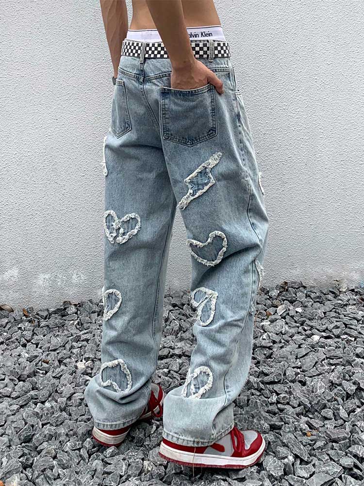 Chicmy Men Raw Edge Patchwork Jeans Neutral Wide Leg Denim Trousers Aesthetic Loose Straight Pants Vintage Casual Hip Hop Streetwear