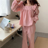 Chicmy Pajama Set Plaid Homewear Two Piece Set Women Sleepwear Long Sleeve Tops Pants Pyjama Loose Korean Ladies Home Suit Ruffles