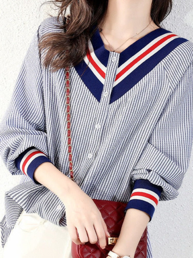 Chicmy Temperament Stripe Korea Fashion College Loose Thin V-Neck Shirt Women's Long Sleeve Cardigan Casual Coat Ladies Office