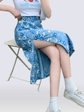 Chicmy Big Size Side Split Jean Skirts Summer High Waist Printed Floral Blue Skirts Elastic Waist Retro Streetwear Casual Denim Skirts
