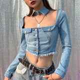 Chicmy Harajuku Hollow Out Long Sleeve Short Jeans Tops Streetwear Denim T-Shirts Women Retro Ripped Single-Breasted Sexy Shirts Female