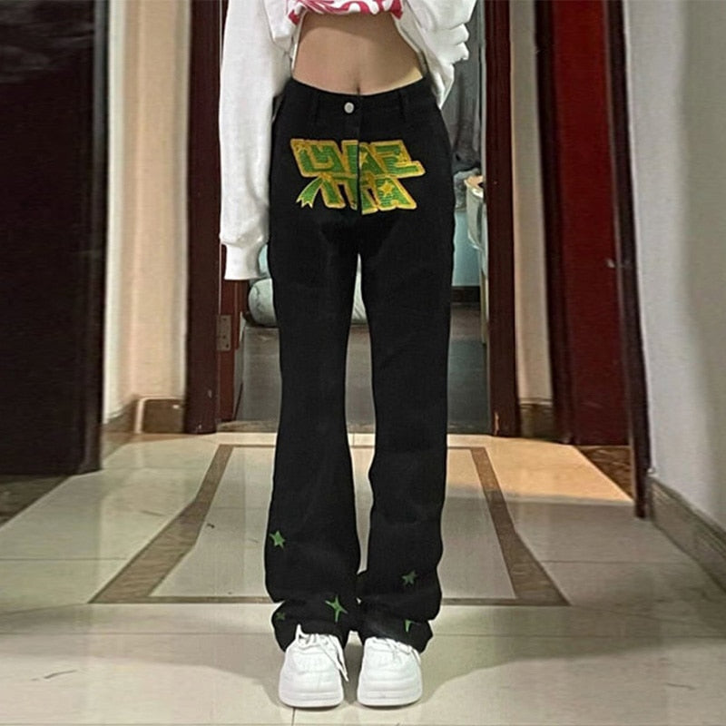 Chicmy Cyber Y2K Pants Women Gothic Letter Print Trousers Punk Dark Jogger 90S Jeans Button Streetwear Black Long Pants