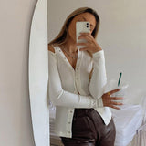 ChicMy-Fall Outfits  Women Sexy Off Shoulder Ribbed T-Shirt Solid Color V-Neck Long Sleeve Button Down Cardigan Spring Fall Skinny Slim Fit Clothing