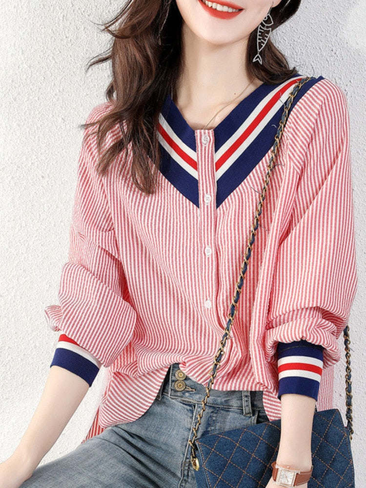 Chicmy Temperament Stripe Korea Fashion College Loose Thin V-Neck Shirt Women's Long Sleeve Cardigan Casual Coat Ladies Office