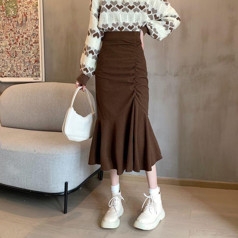 Chicmy New Corduroy Half Body Hip Wrap Skirt, 2023 Korean Slim A-Line Skirt, Ruffled Middle And Long Pleated Fishtail Skirt