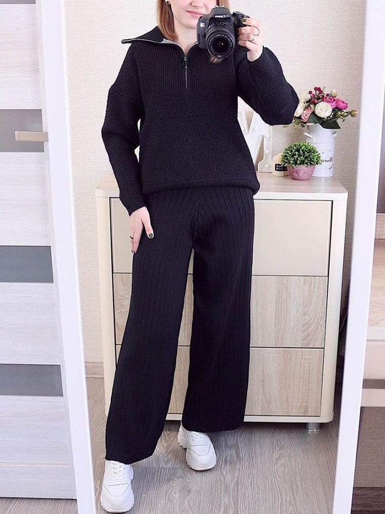 Chicmy Elegant Women's Sets Autumn Winter 2023 Casual Knitted Pullover Loose White Womens Two Peice Sets Zip Sweater And Wide Leg Pant