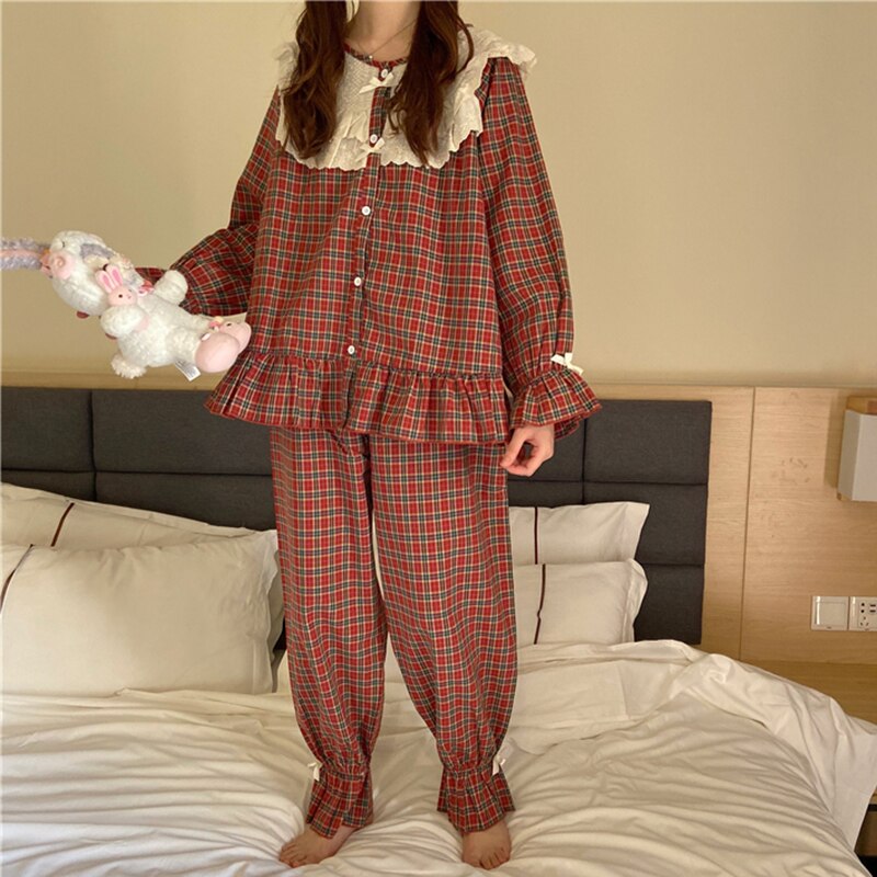 Chicmy Korean Vintage Plaid Pajamas Set Women Fashion Ruffle Sleepwear Casual Mori Girls Outwear Home Suit Medieval Flare Sleeve
