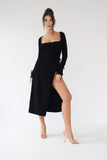 ChicMy-Fall Outfits  Elegant Women Split Midi Dress Solid Color Square Neck Long Sleeve Backless Bandage Streetwear Women Midi Dress Spring Autumn