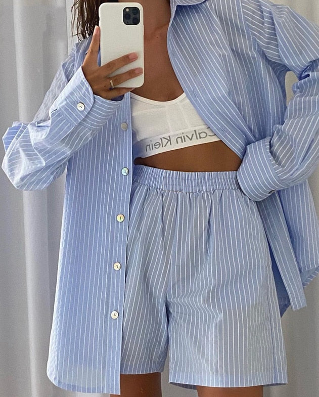Chicmy 2 Pieces Suit Set Female Striped Plaid Turn-Down Collar Long Sleeve Shirt Short Pants For Summer
