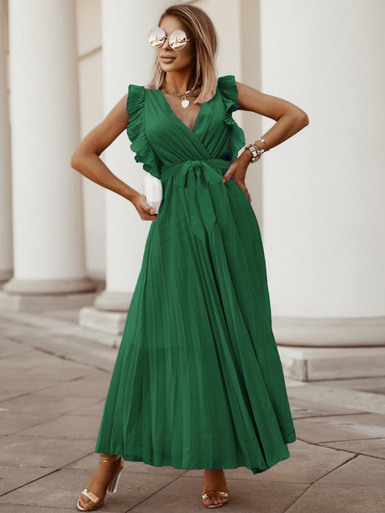 Chicmy Fashion Elegant Women Dress Sleeveless V Neck Long Summer Dress Sexy Pleat Party Dress Female Chiffon Maxi Green Dress With Belt