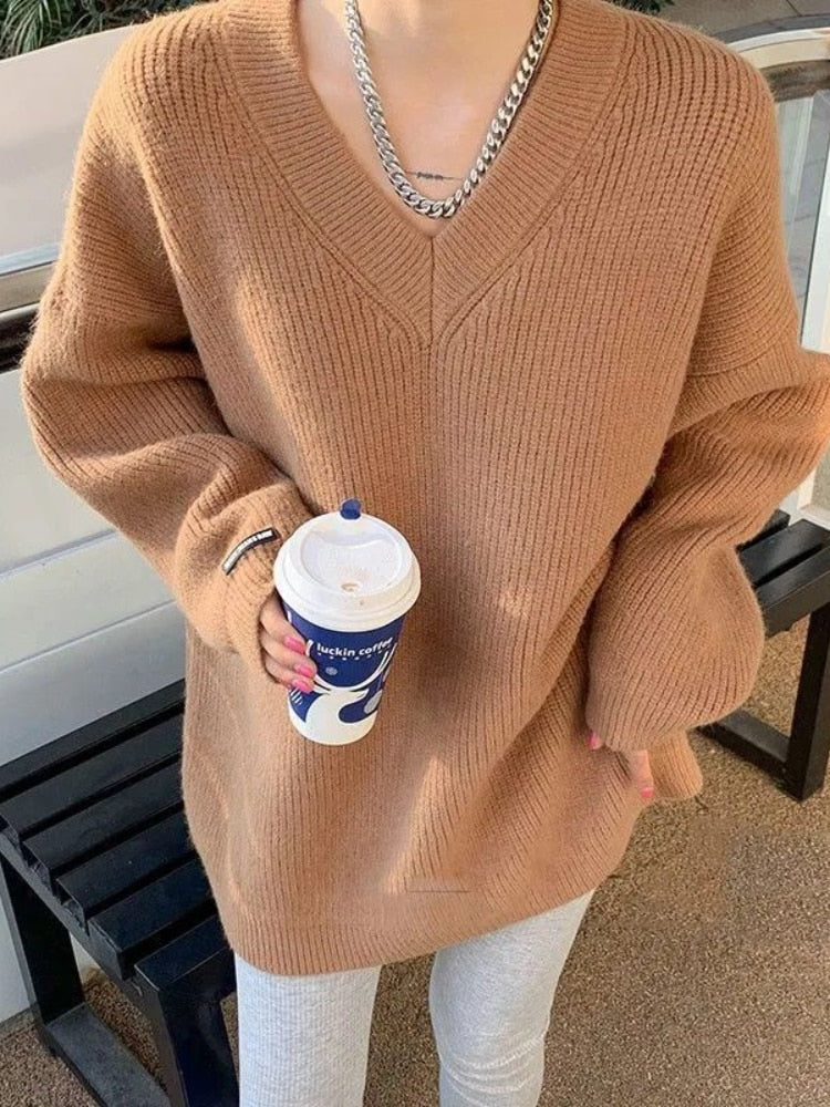 Chicmy Women's Sweater Oversize Autumn Winter Thick Warm V-Neck Pullovers Solid Blue White Oversized Loose Fashion Women Sweaters 2023