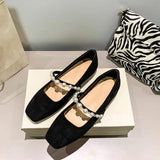 Chicmy Square Toe Pearl One Word with Mary Jane Shoes Women's New Suede Shallow Mouth Comfortable Flat Shoes