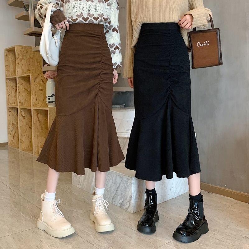 Chicmy New Corduroy Half Body Hip Wrap Skirt, 2023 Korean Slim A-Line Skirt, Ruffled Middle And Long Pleated Fishtail Skirt