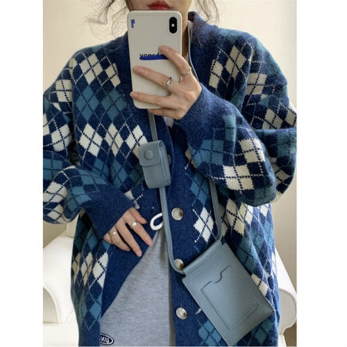 Chicmy Ladies Cardigans Long Sleeve Knitted Argyle Sweater Women Korean Pink Vest Sweaters Female Jumpers Cardigan Jacket With Buttons