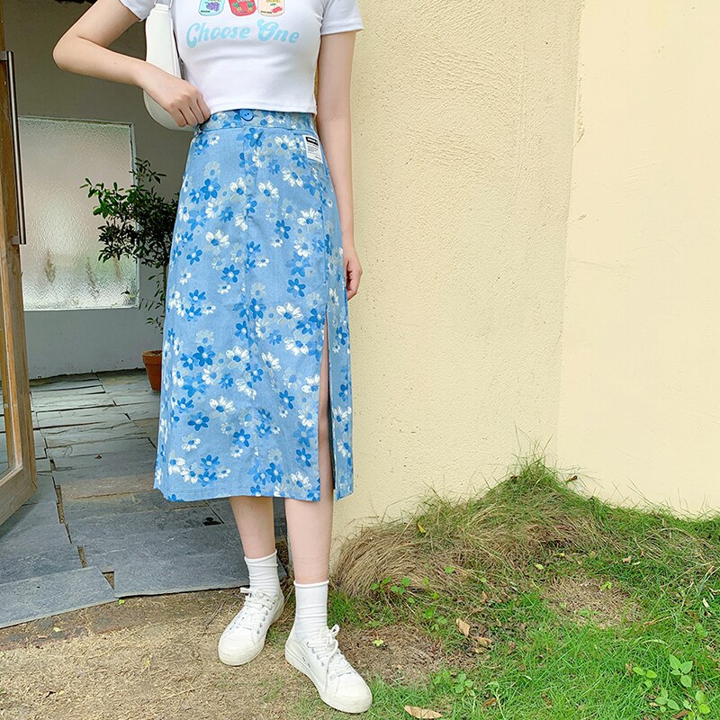 Chicmy Big Size Side Split Jean Skirts Summer High Waist Printed Floral Blue Skirts Elastic Waist Retro Streetwear Casual Denim Skirts
