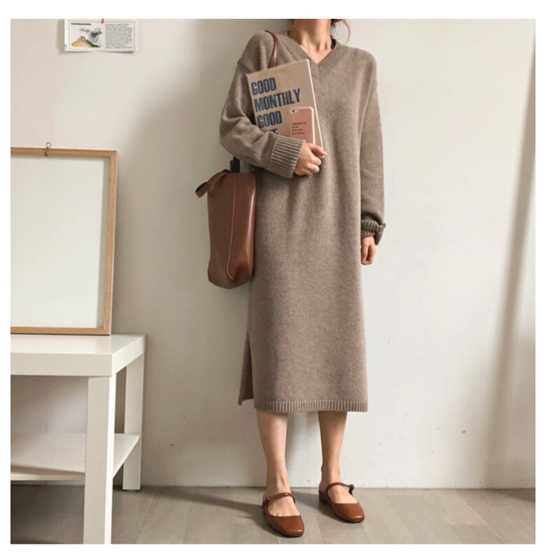 Chicmy Sweater Women Dress Knitted Dresses Womens Winter Long Sleeve Sweaters Autumn Loose Maxi Oversize Knitting Robe Vestido V Neck
