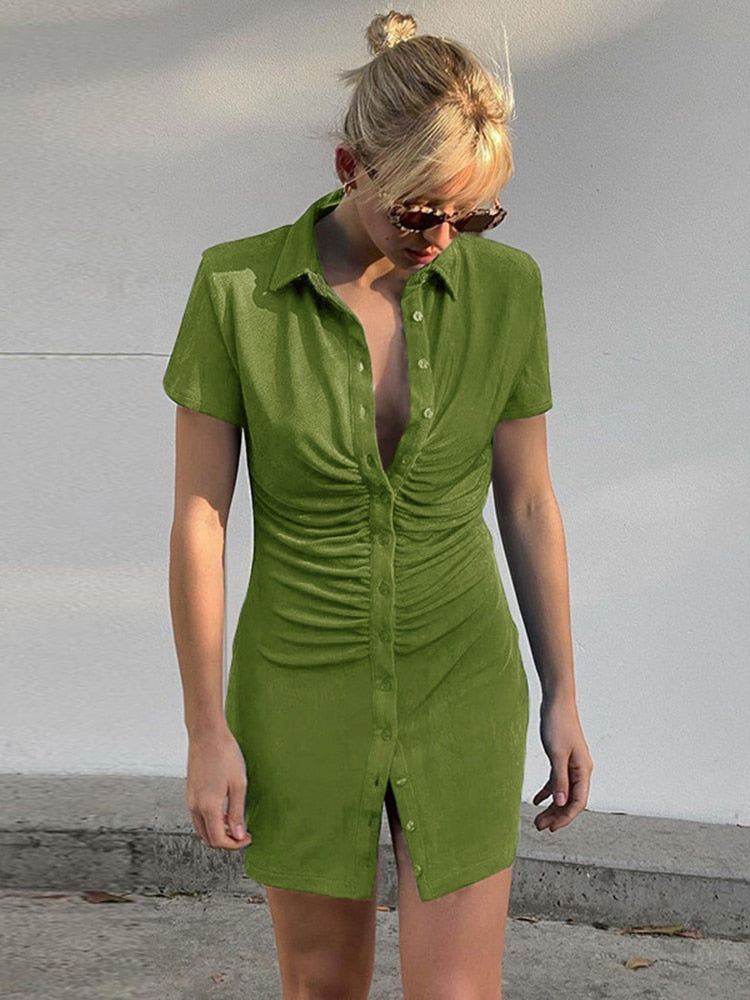 Chicmy Women Elegant Short Sleeve Skinny Mini Dress Summer Turn-Down Collar Ruched Shirt Dress Green Blue Slim Party Dresses Vestido