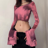 Chicmy Vintage Gothic 90S Printed T-Shirts Mesh Sheer Ruffle Long Flared Sleeve Crop Tops Women Slim Fit T Shirt Streetwear