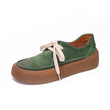 Chicmy Genuine Leather Round Toe Flats Shoes For Women Lace Up Green Plush Warm Thick Heel Platform Ladies Shoes Four Seasons