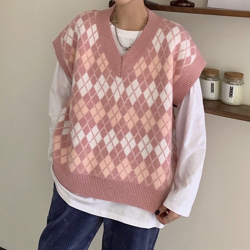 Chicmy Knitted Cardigan Woman Sweaters Coat Long Sleeve Cotton Knit Vest Pullover Blue Pink V-Neck Rhombus Plaid Oversize Sweater Woman