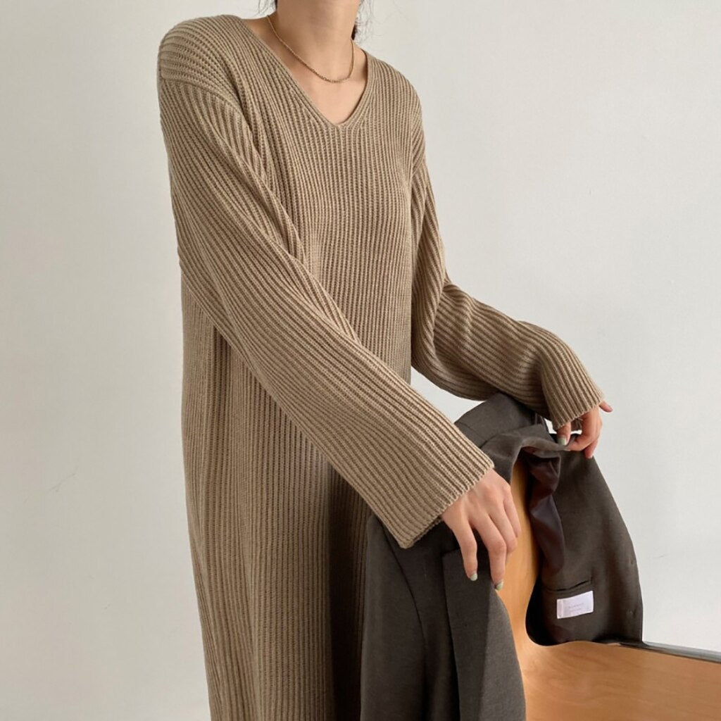 Chicmy Sweater Women Dress Knitted Dresses Womens Winter Long Sleeve Sweaters Autumn Loose Maxi Oversize Knitting Robe Vestido V Neck
