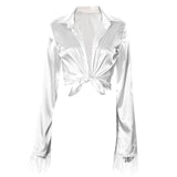 Chicmy Elegant Sexy Party Club Satin White Shirts For Women Top Furry Feathers Long Sleeve Button Up Collared Blouse