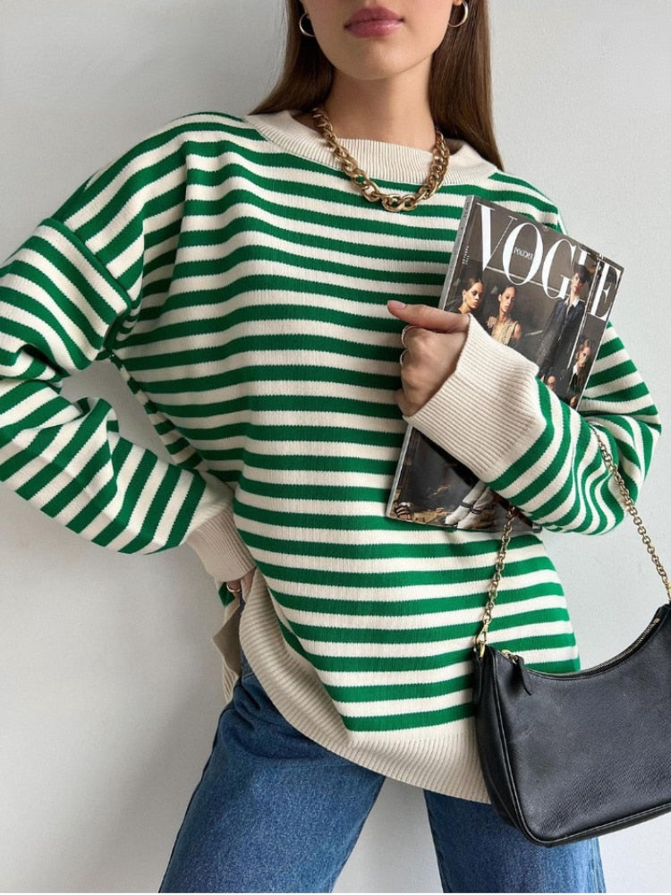 Chicmy Autumn Striped Sweater Women Long Sleeve Knitted Pullovers Female Korean Style O-Neck Casual Thick Winter Women's Sweater