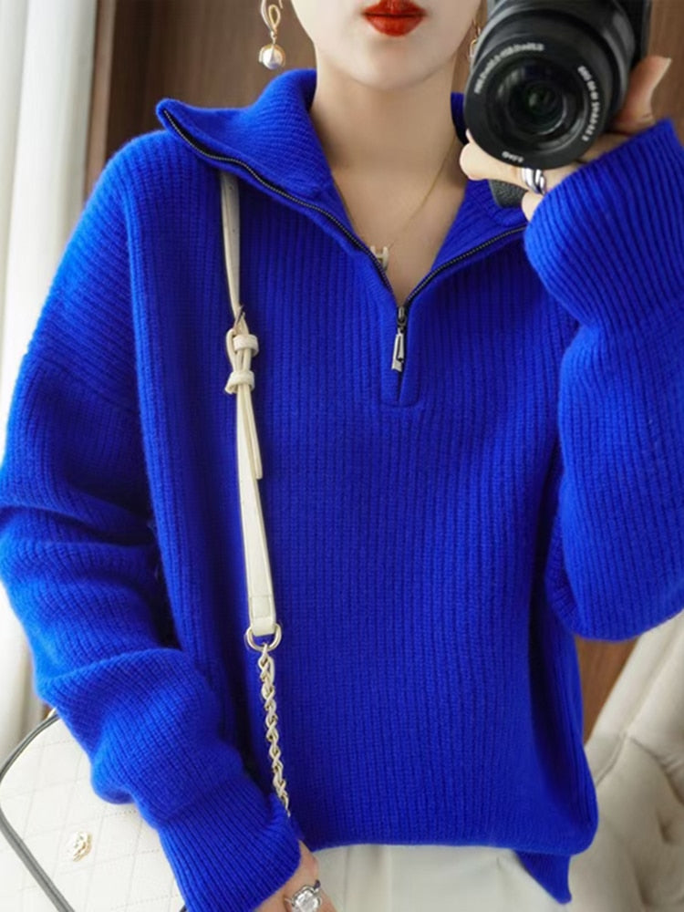Chicmy Women's Turtleneck Zippers Fashion Women Sweaters Solid Green Blue Pullover Long Sleeve Casual Knitted Sweater Woman Winter 2023