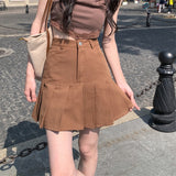 Chicmy Y2k Brown Denim Pleated Skirts Mini Solid Casual Woman Fashion Korean Style High Waist Skirt Preppy Denim Skirts Female 2023