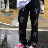 Chicmy Vintage Gothic Cross Printed Wide Leg Jeans Women Harajuku Hip Hop Long Trousers Spring Black BF Streetwear Cargo Denim Pants